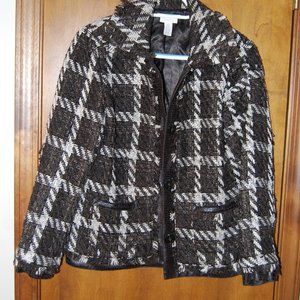 Chico's Womens jacket Size 0 brown chunky weave plaid  faux leather trim